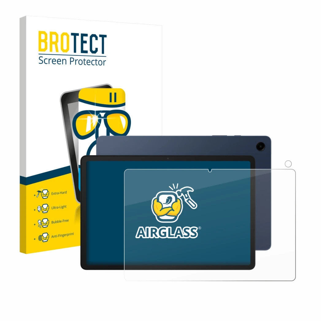 Vorderseite einer Produktverpackung mit dem Markenlogo BROTECT. Daneben ist das Gerät Samsung Galaxy Tab A9 Plus (Display+Kame