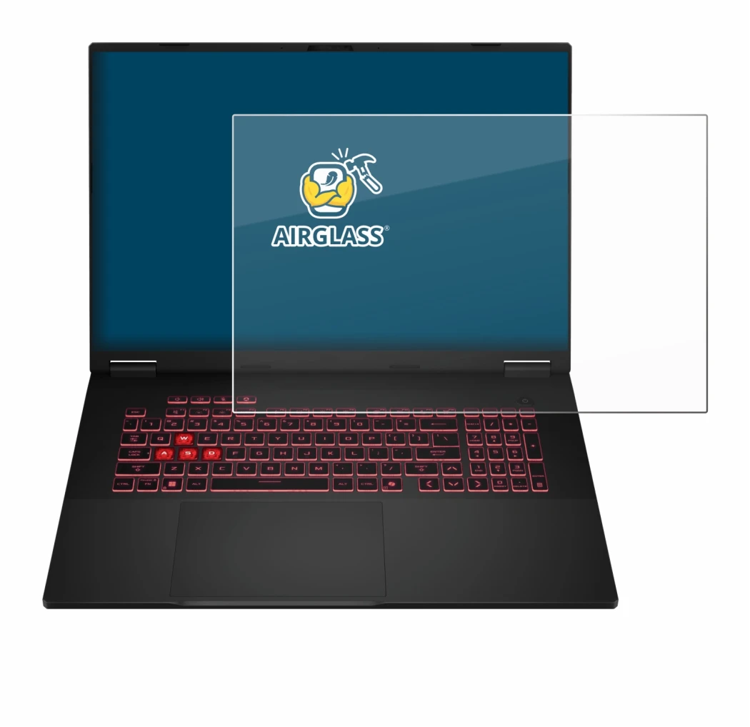 Abbildung des Geräts ASUS TUF Gaming A18 2025 mit einer Vielzahl des Displayschutzes.