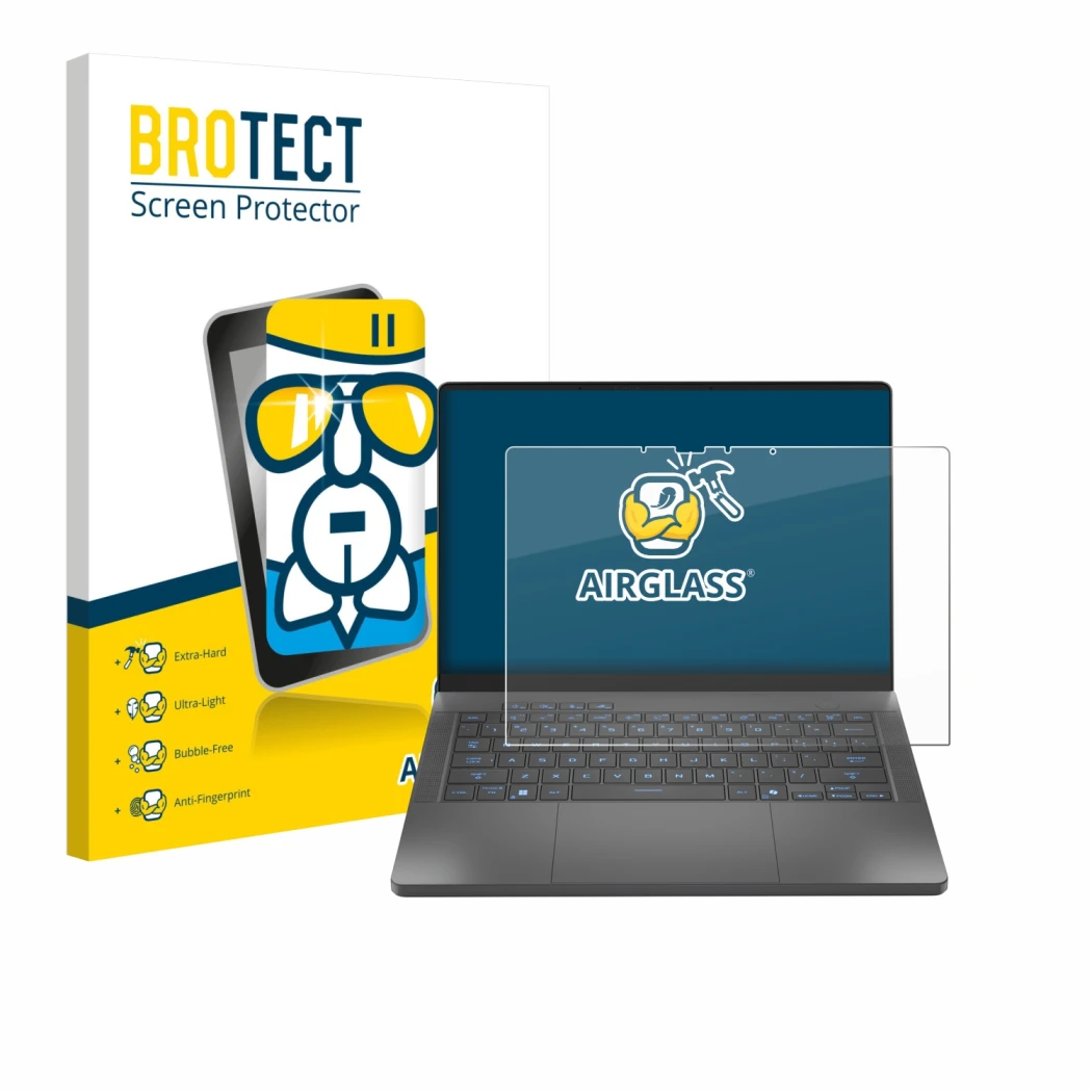 Vorderseite einer Produktverpackung mit dem Markenlogo BROTECT. Daneben ist das Gerät ASUS ROG Zephyrus G14 2025 GA403 mit dem