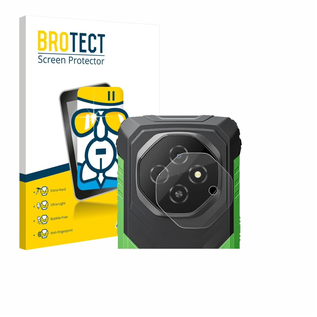 Vorderseite einer Produktverpackung mit dem Markenlogo BROTECT. Daneben ist das Gerät Blackview Fort 1 (NUR Kameraschutz) mit 