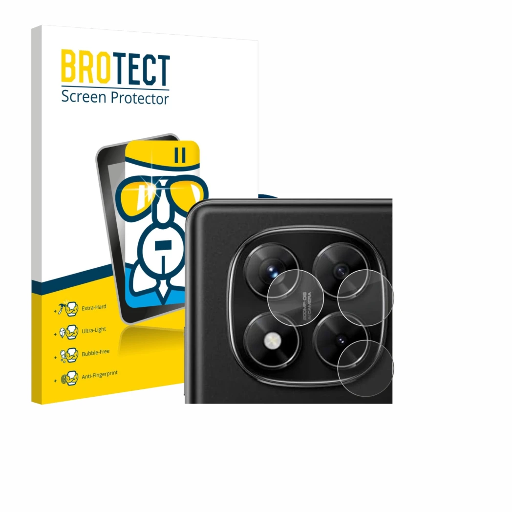 Vorderseite einer Produktverpackung mit dem Markenlogo BROTECT. Daneben ist das Gerät Xiaomi Redmi Note 14 Pro 4G (NUR Kameras