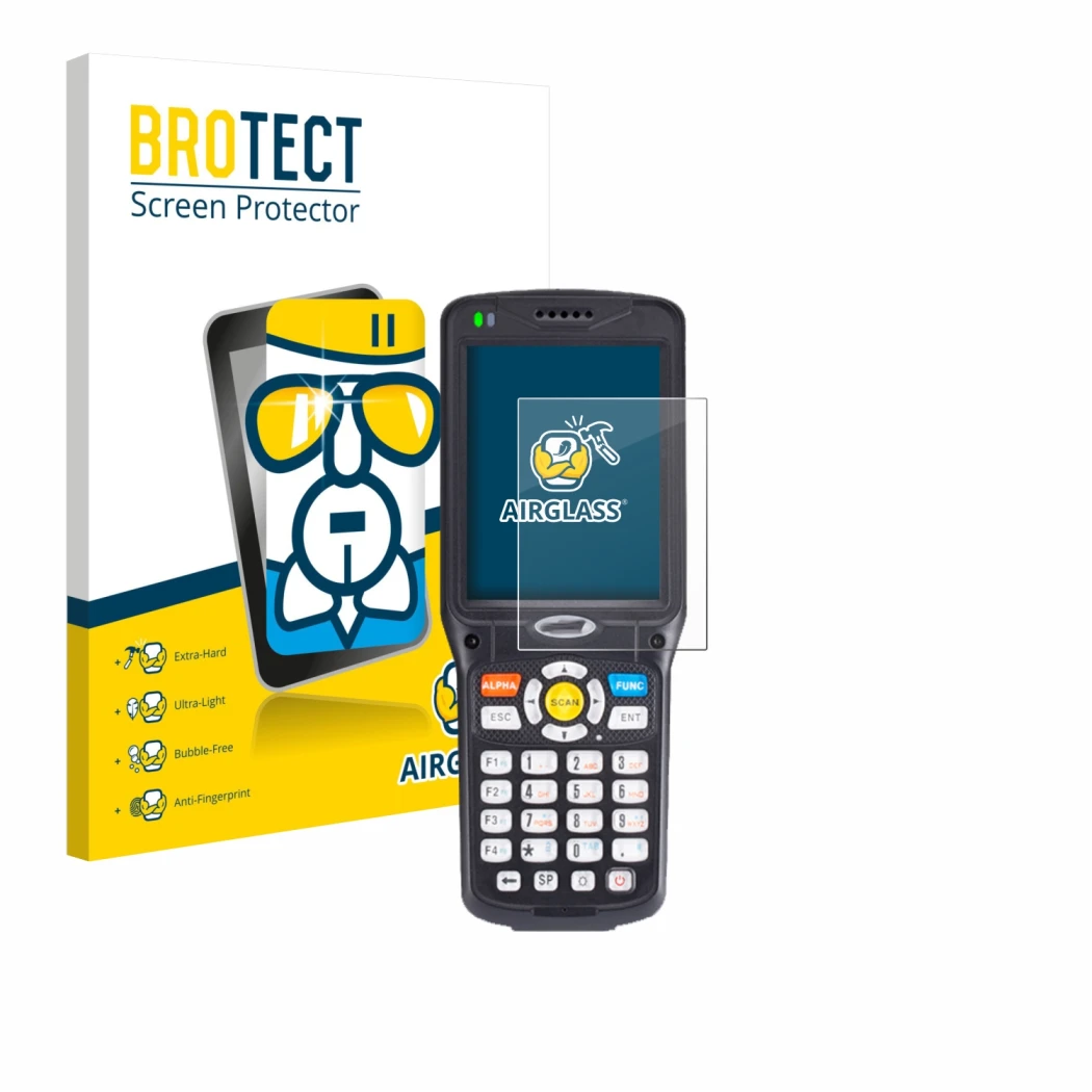 Vorderseite einer Produktverpackung mit dem Markenlogo BROTECT. Daneben ist das Gerät Unitech HT510 mit dem zugehörigen Displa