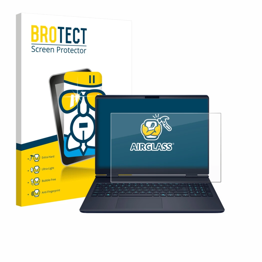 Vorderseite einer Produktverpackung mit dem Markenlogo BROTECT. Daneben ist das Gerät Dell Alienware 16X mit dem zugehörigen D