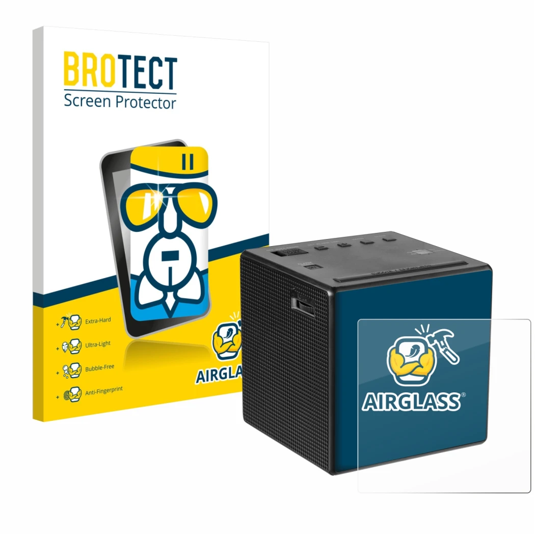 Vorderseite einer Produktverpackung mit dem Markenlogo BROTECT. Daneben ist das Gerät Sony ICF-C1 mit dem zugehörigen Displays