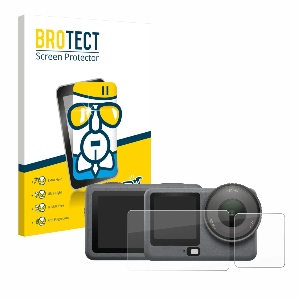 Vorderseite einer Produktverpackung mit dem Markenlogo BROTECT. Daneben ist das Gerät DJI Osmo Action 6 mit dem zugehörigen Di