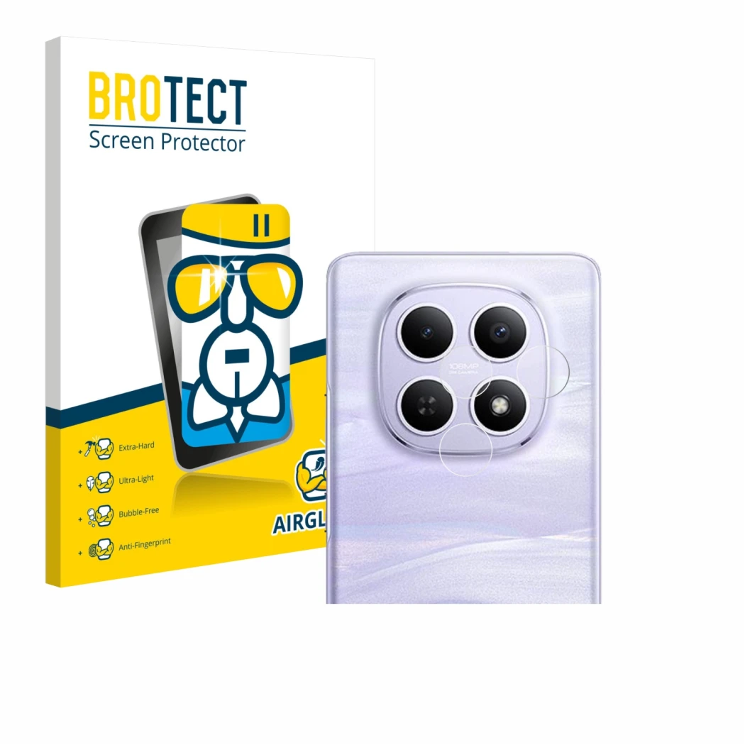 Vorderseite einer Produktverpackung mit dem Markenlogo BROTECT. Daneben ist das Gerät Xiaomi Redmi Note 15 (NUR Kamera) mit de