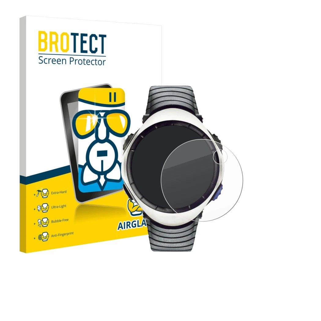 Vorderseite einer Produktverpackung mit dem Markenlogo BROTECT. Daneben ist das Gerät Suunto Regatta mit dem zugehörigen Displ