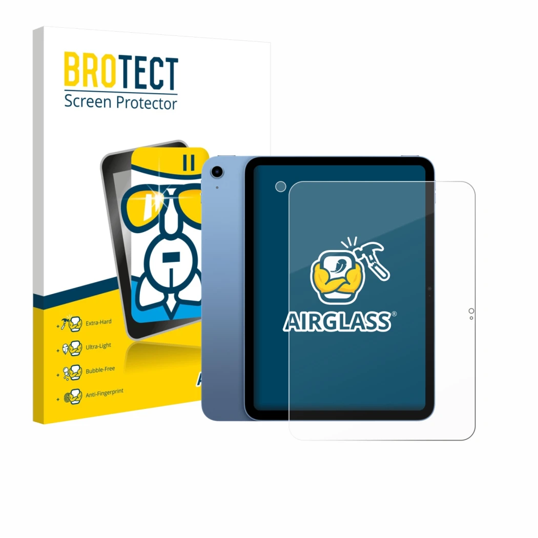 Vorderseite einer Produktverpackung mit dem Markenlogo BROTECT. Daneben ist das Gerät Apple iPad 10.9