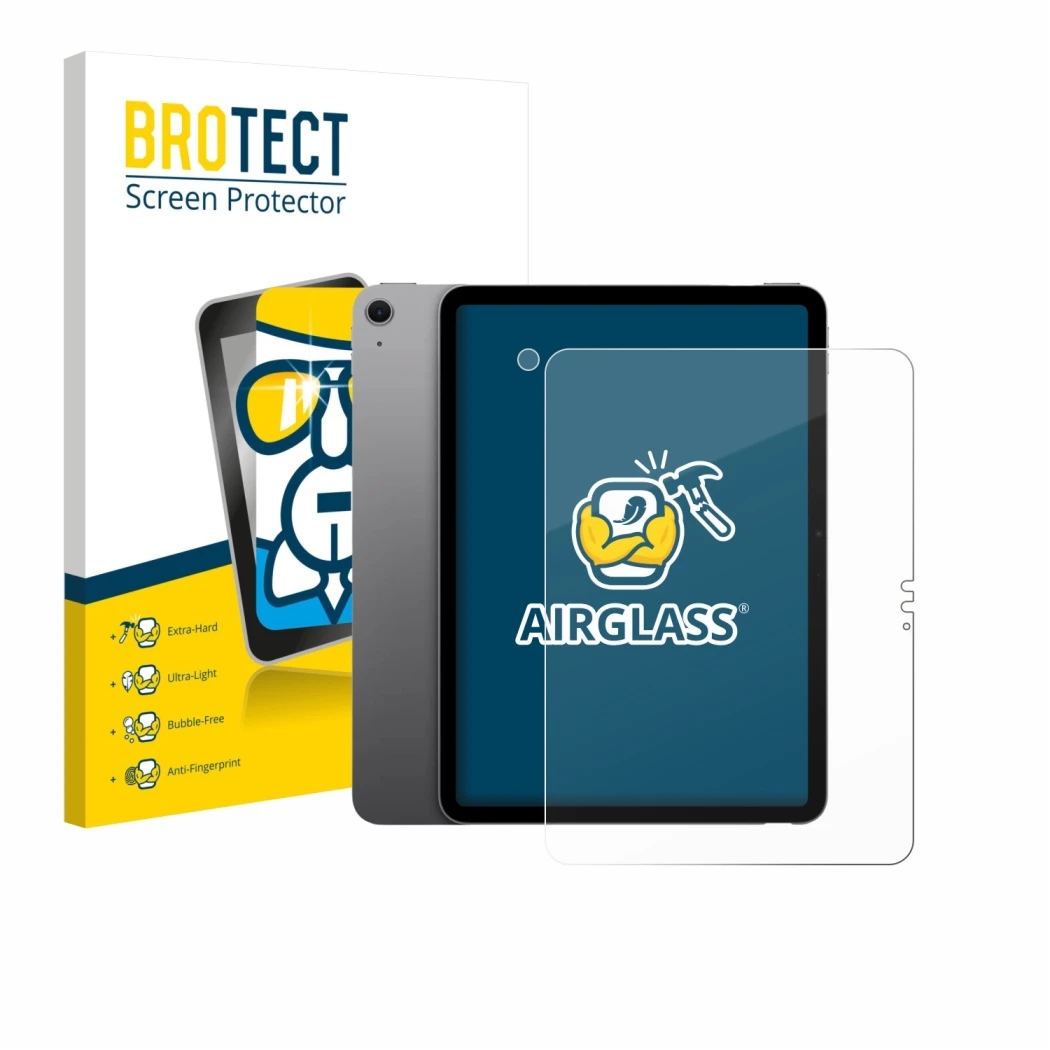 Vorderseite einer Produktverpackung mit dem Markenlogo BROTECT. Daneben ist das Gerät Apple iPad Air 11