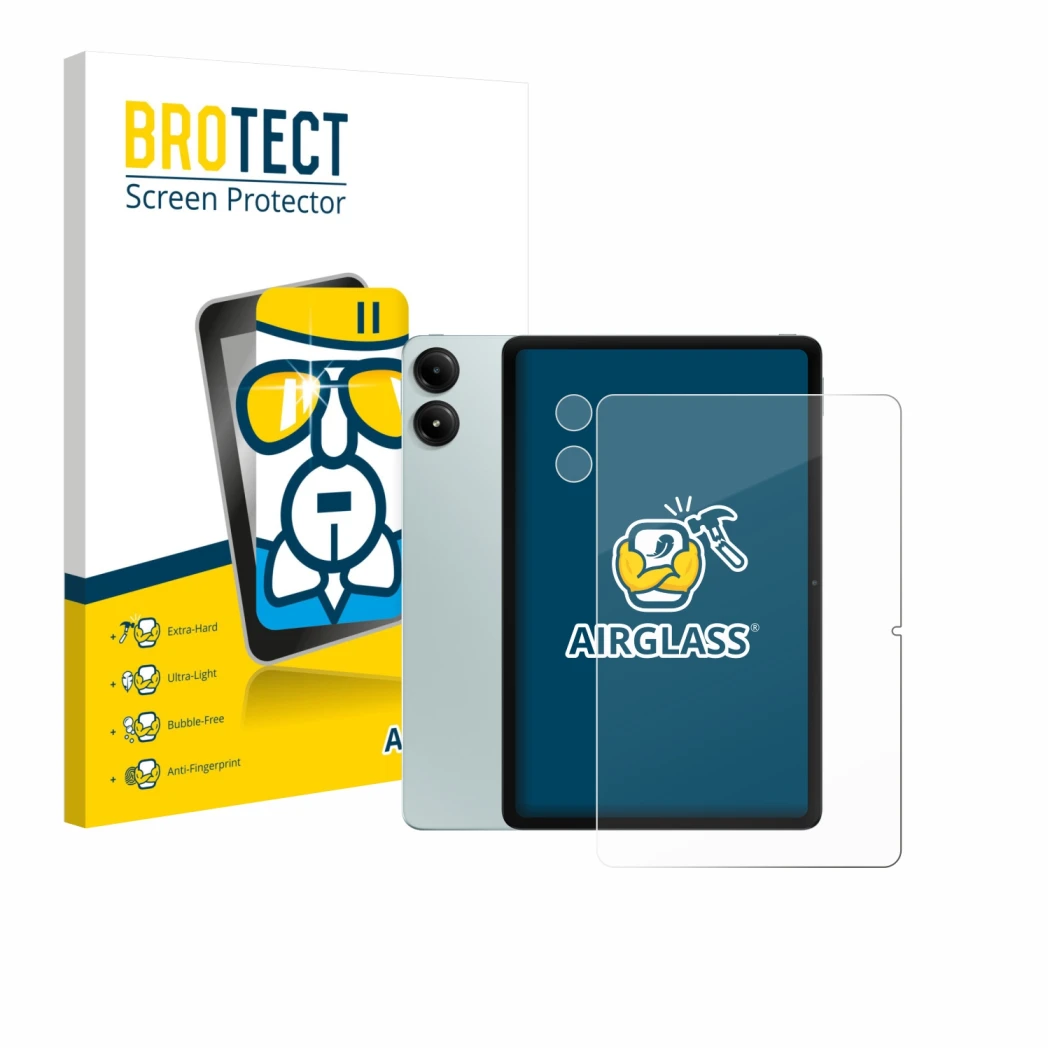 Vorderseite einer Produktverpackung mit dem Markenlogo BROTECT. Daneben ist das Gerät Xiaomi Redmi Pad Pro (Display+Kamera) mi