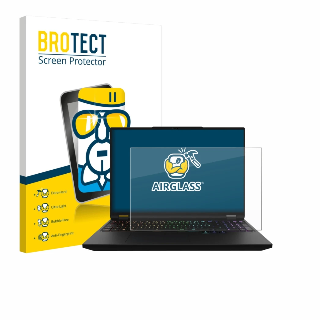 Vorderseite einer Produktverpackung mit dem Markenlogo BROTECT. Daneben ist das Gerät XMG Apex 16 Max mit dem zugehörigen Disp