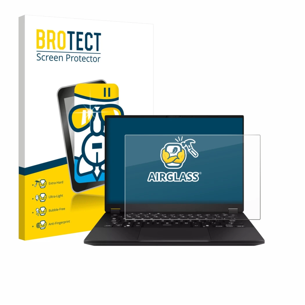 Vorderseite einer Produktverpackung mit dem Markenlogo BROTECT. Daneben ist das Gerät ASUS TUF Gaming A14 mit dem zugehörigen 