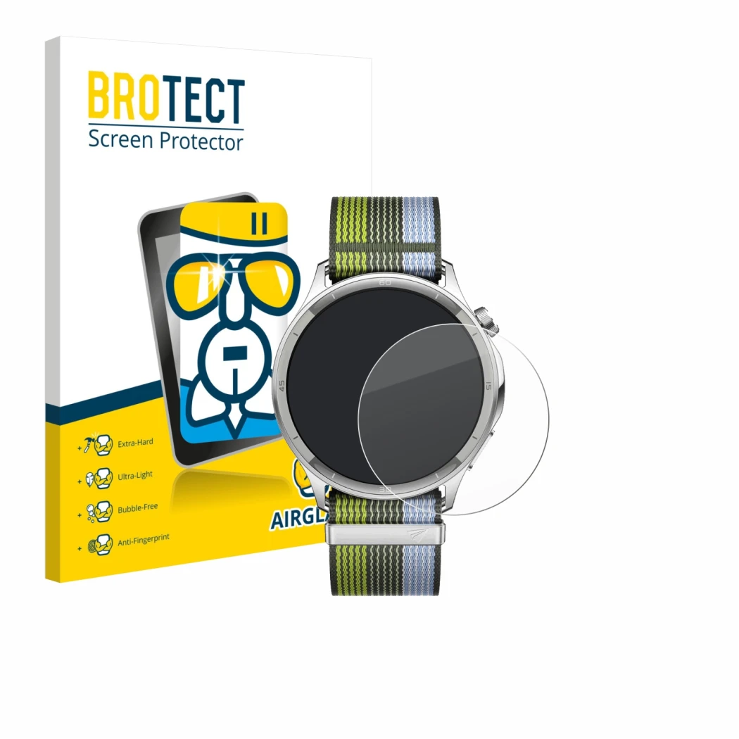 Vorderseite einer Produktverpackung mit dem Markenlogo BROTECT. Daneben ist das Gerät Oppo Watch S mit dem zugehörigen Display