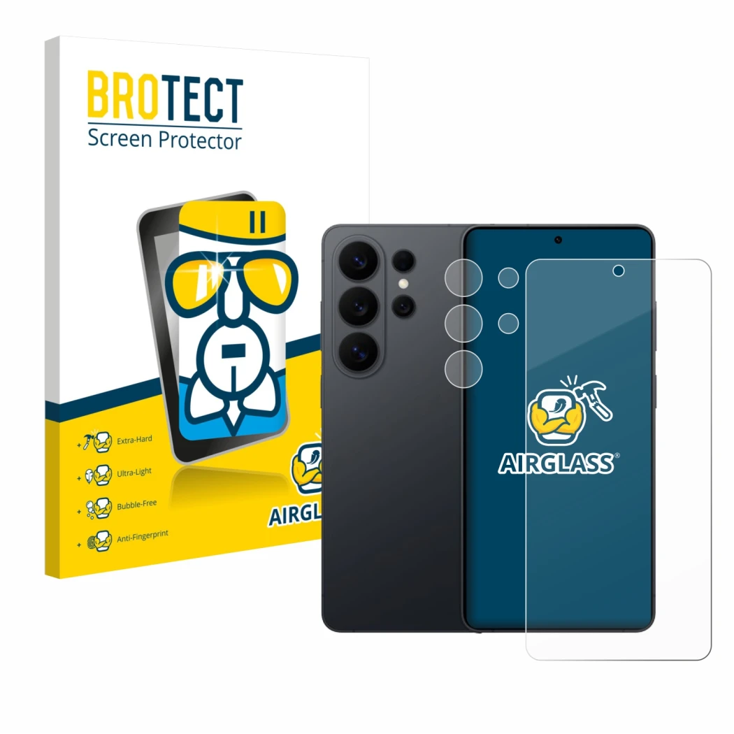 Vorderseite einer Produktverpackung mit dem Markenlogo BROTECT. Daneben ist das Gerät Samsung Galaxy S26 Ultra (Display+Kamera