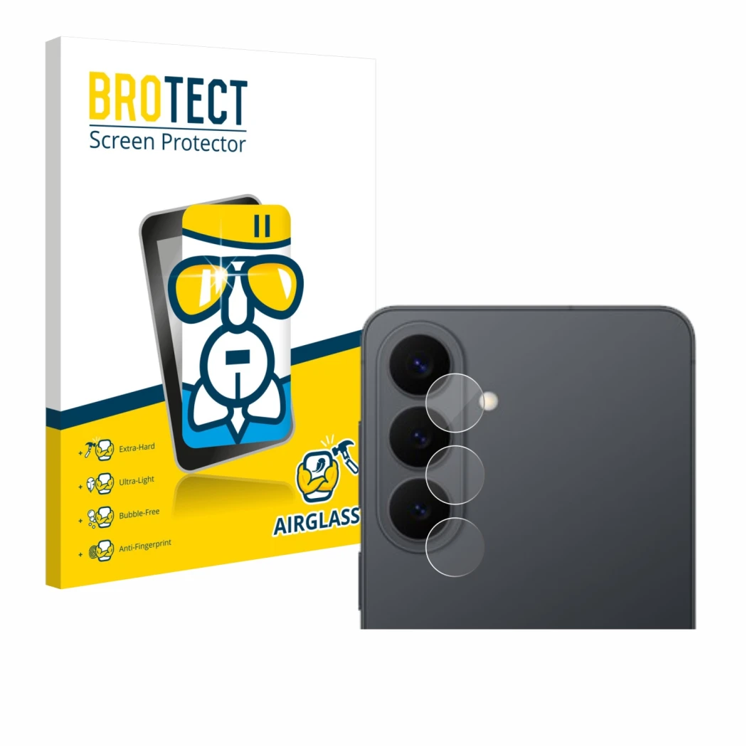 Vorderseite einer Produktverpackung mit dem Markenlogo BROTECT. Daneben ist das Gerät Samsung Galaxy S26 Plus (NUR Kameraschut