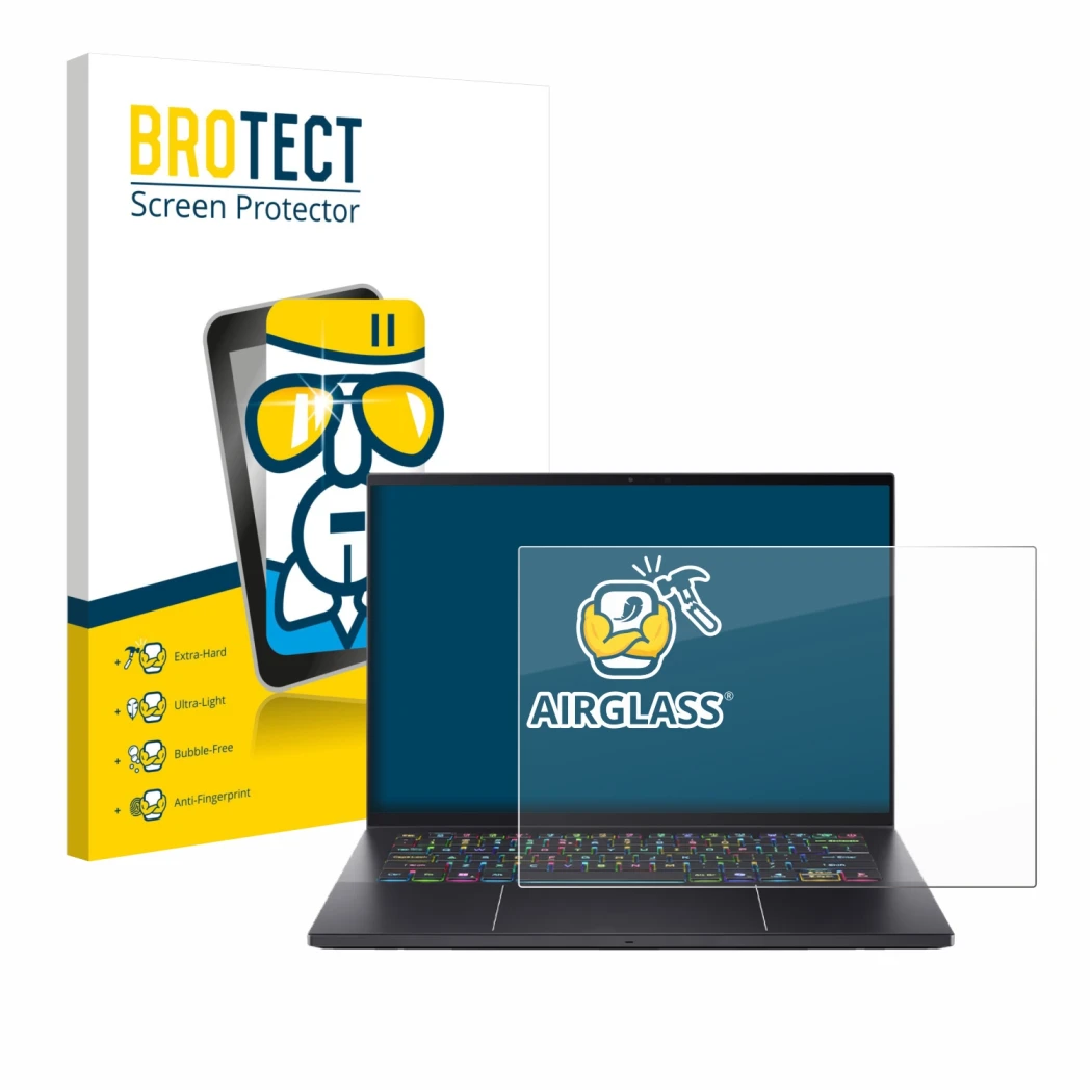 Vorderseite einer Produktverpackung mit dem Markenlogo BROTECT. Daneben ist das Gerät Acer Predator Triton 14 AI mit dem zugeh