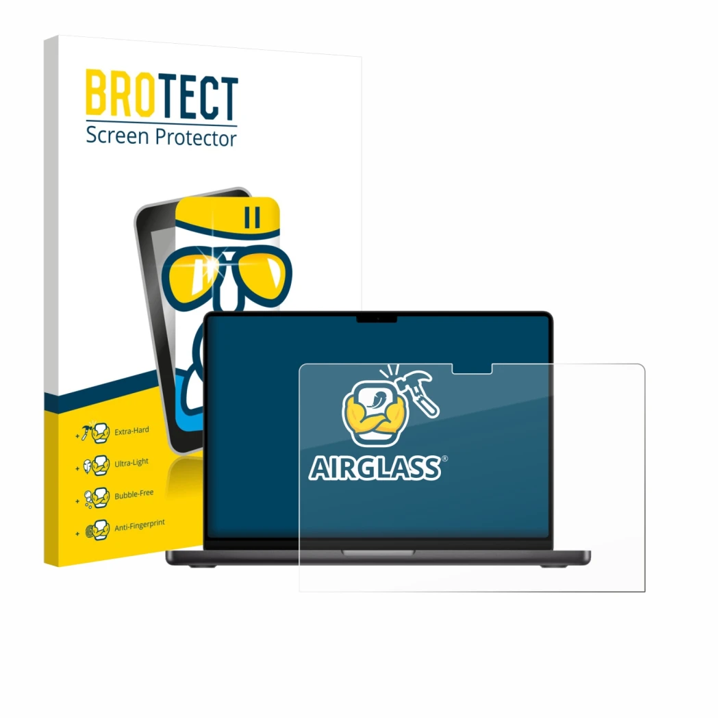 Vorderseite einer Produktverpackung mit dem Markenlogo BROTECT. Daneben ist das Gerät Apple MacBook Pro 14