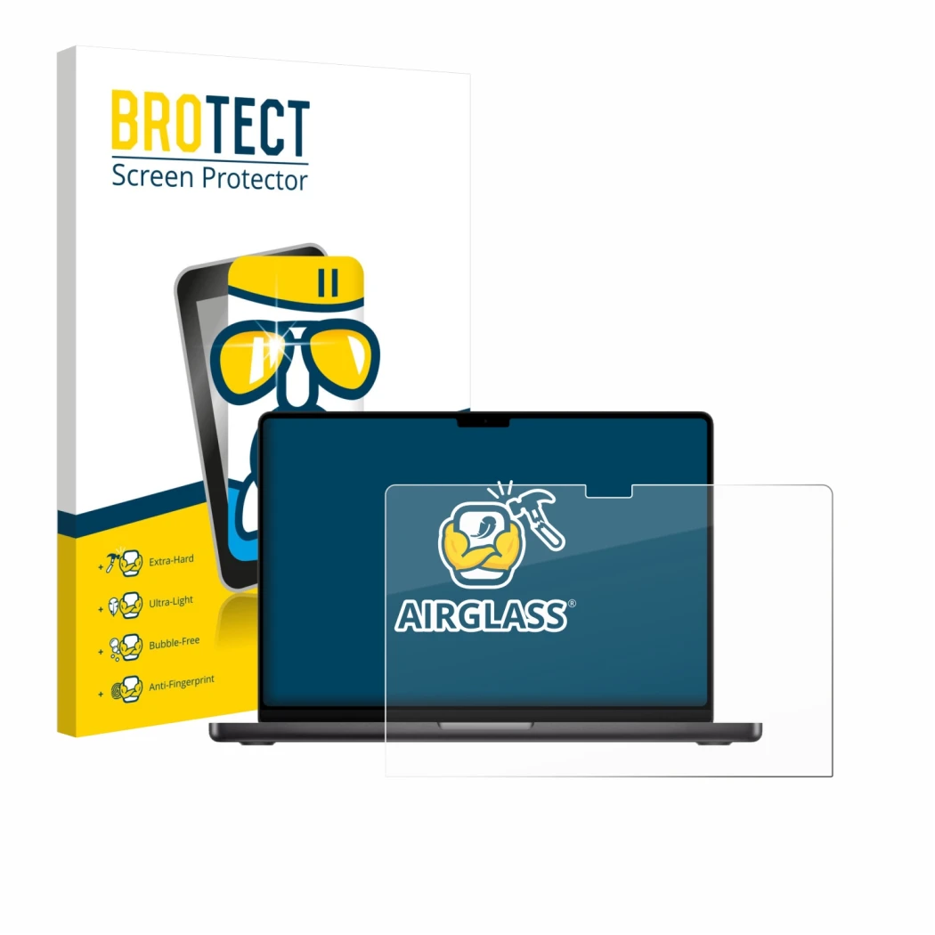 Vorderseite einer Produktverpackung mit dem Markenlogo BROTECT. Daneben ist das Gerät Apple MacBook Pro 16