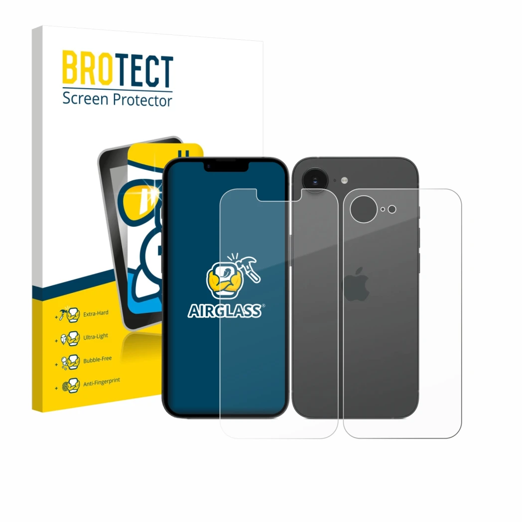 Vorderseite einer Produktverpackung mit dem Markenlogo BROTECT. Daneben ist das Gerät Apple iPhone 17e (Display+Rückseite) mit