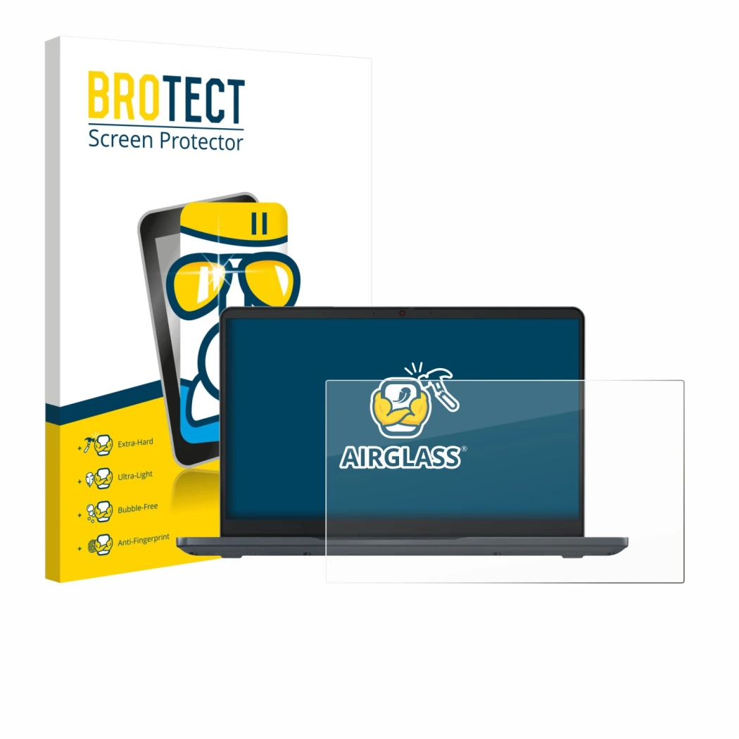 Vorderseite einer Produktverpackung mit dem Markenlogo BROTECT. Daneben ist das Gerät Lenovo Chromebook 14e Gen 3 mit dem zuge