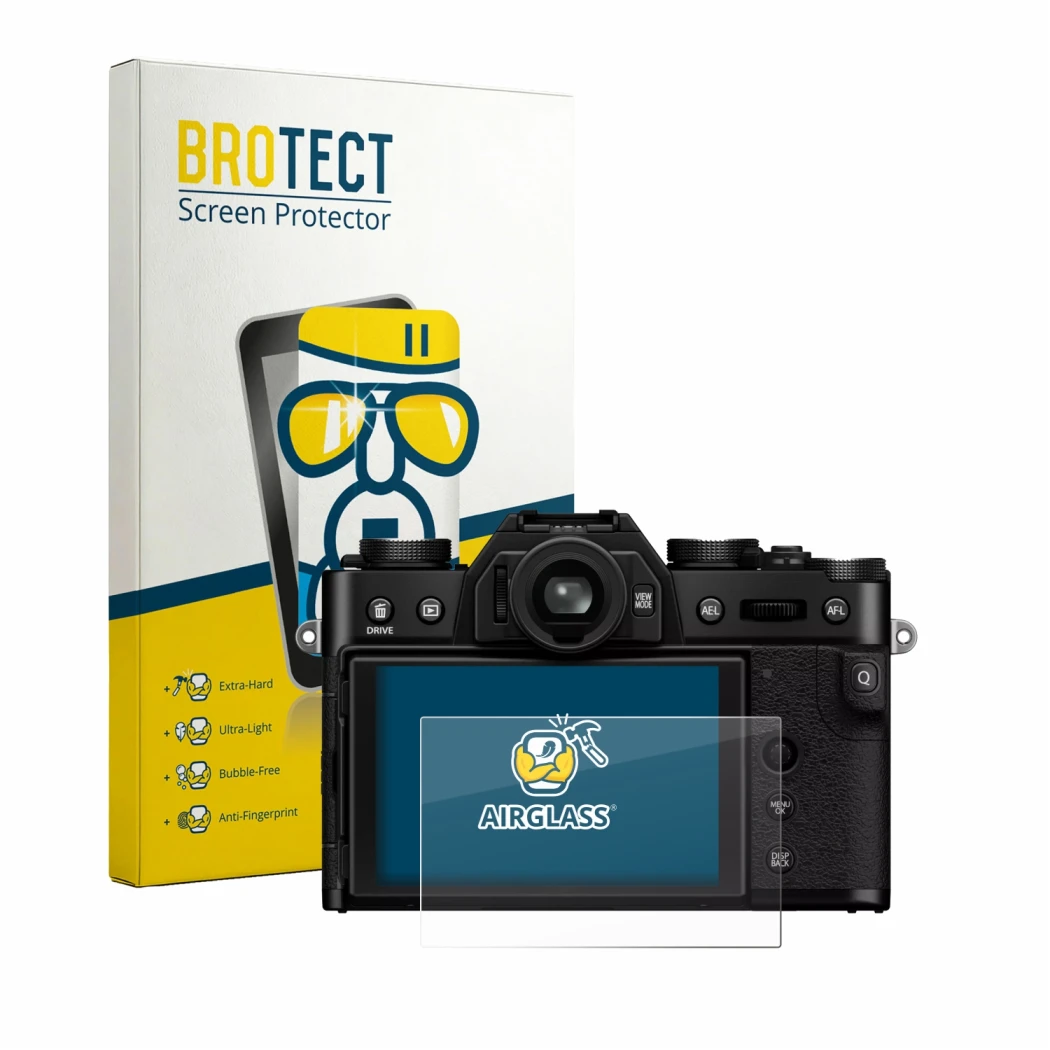 Vorderseite einer Produktverpackung mit dem Markenlogo BROTECT. Daneben ist das Gerät Fujifilm X-T30 III mit dem zugehörigen D