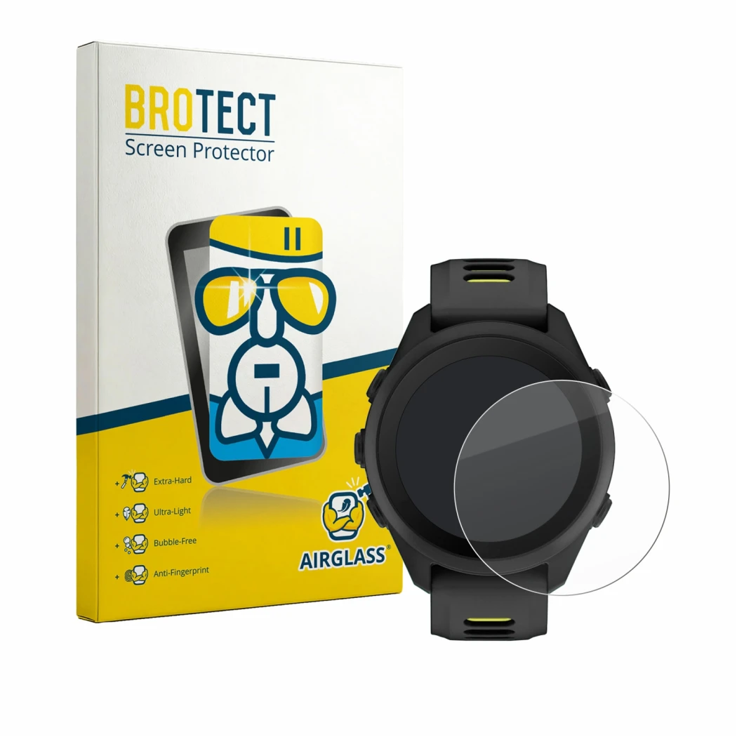 Vorderseite einer Produktverpackung mit dem Markenlogo BROTECT. Daneben ist das Gerät Garmin Forerunner 170 mit dem zugehörige