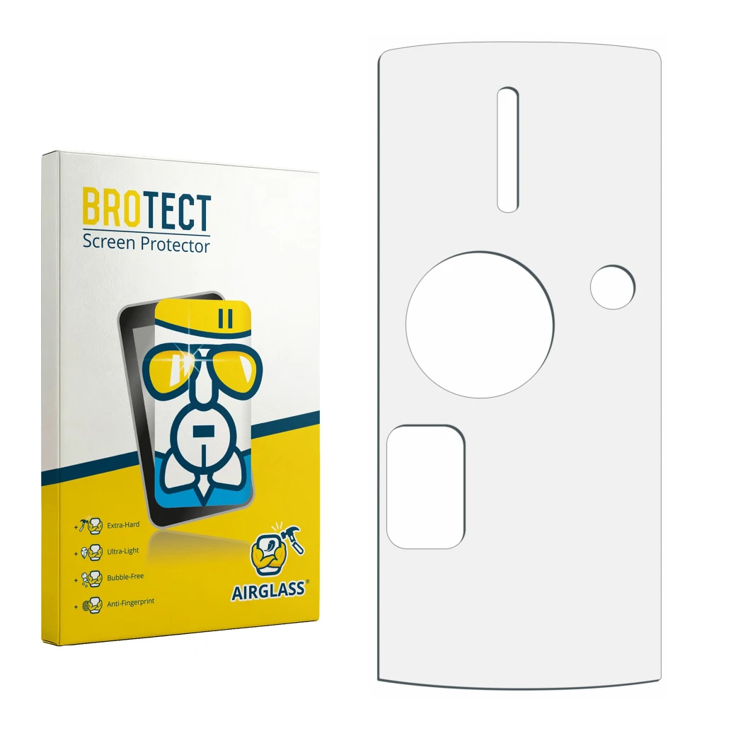 Vorderseite einer Produktverpackung mit dem Markenlogo BROTECT. Daneben ist der zugehörige Displayschutz.