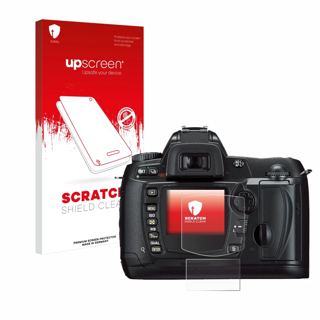 Vorderseite einer Produktverpackung mit dem Markenlogo upscreen. Daneben ist das Gerät Nikon D70 mit dem zugehörigen Displaysc
