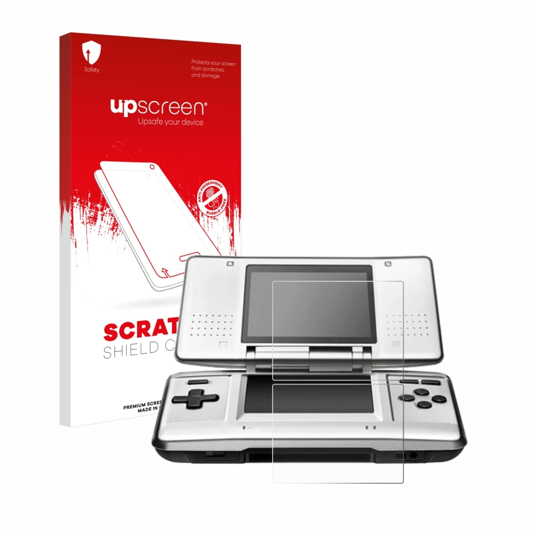 Vorderseite einer Produktverpackung mit dem Markenlogo upscreen. Daneben ist das Gerät Nintendo DS mit dem zugehörigen Display