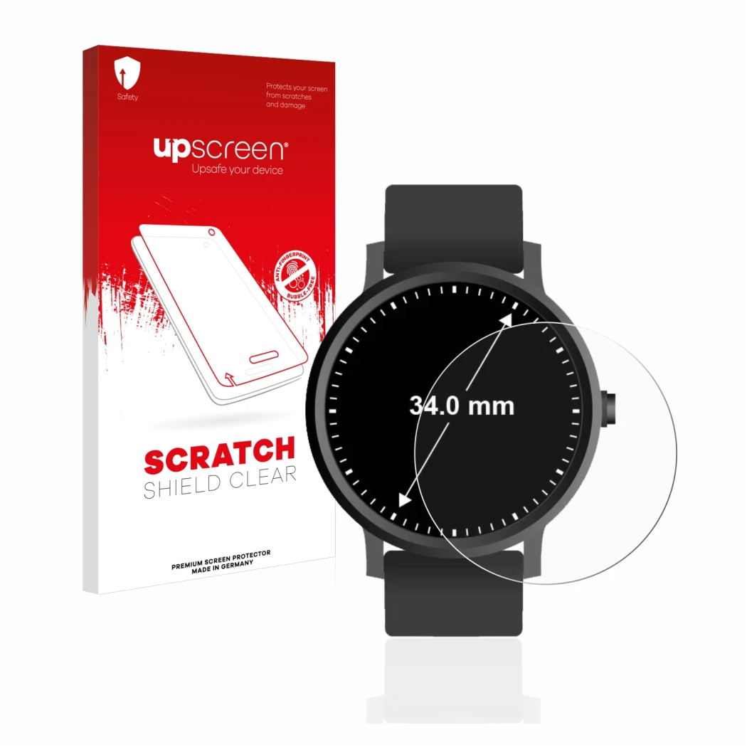 Vorderseite einer Produktverpackung mit dem Markenlogo upscreen. Daneben ist das Gerät Armbanduhren (Kreisrund, ø: 34 mm) mit 
