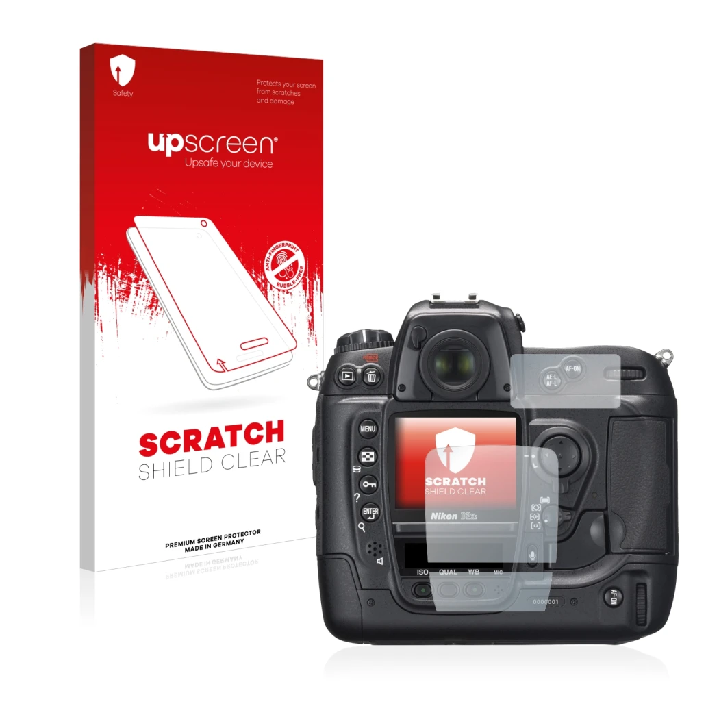 Vorderseite einer Produktverpackung mit dem Markenlogo upscreen. Daneben ist das Gerät Nikon D2X mit dem zugehörigen Displaysc