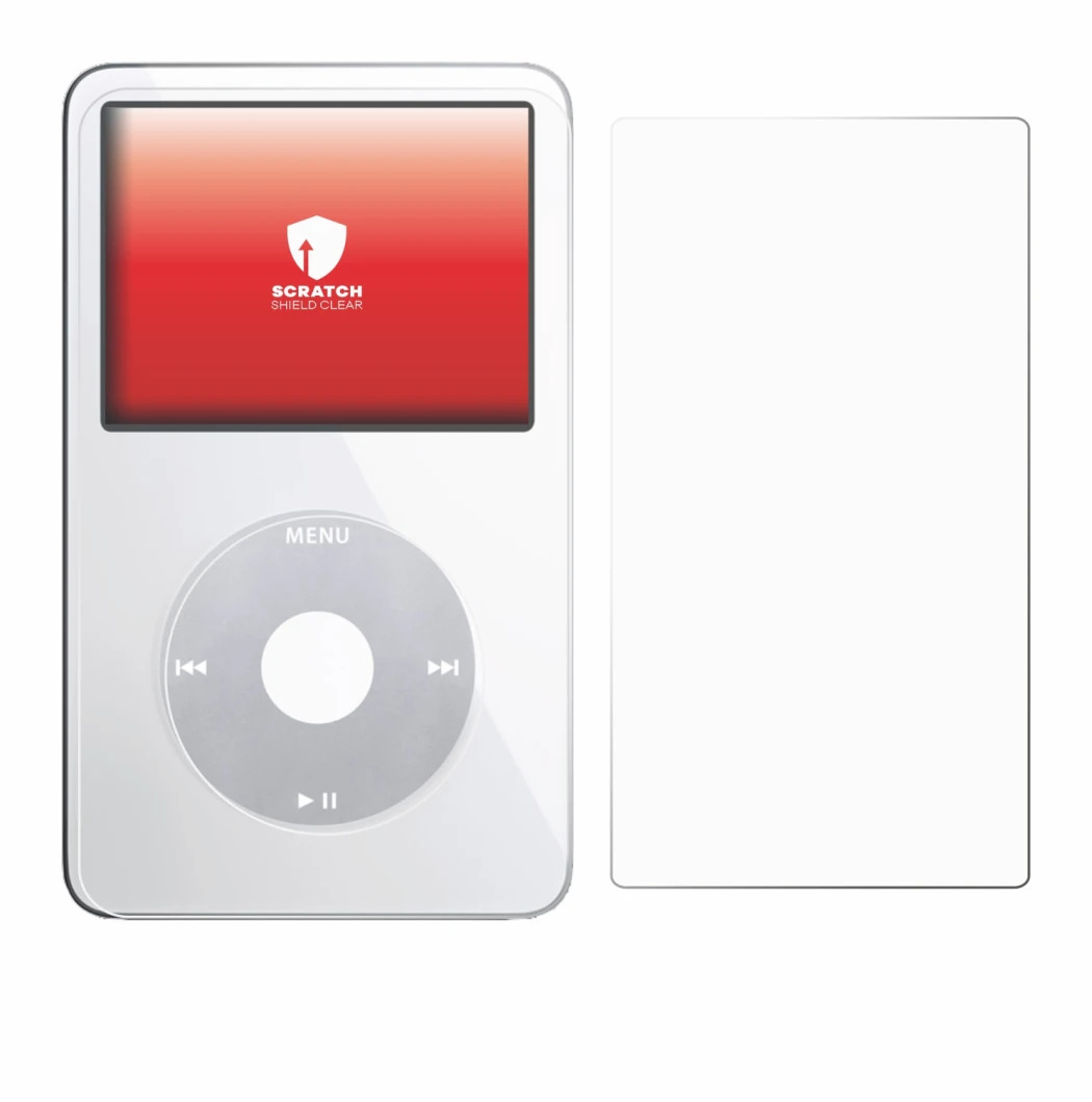 Abbildung des Geräts Apple iPod Classic Video (Display+Rückseite) mit einer Vielzahl des Displayschutzes.