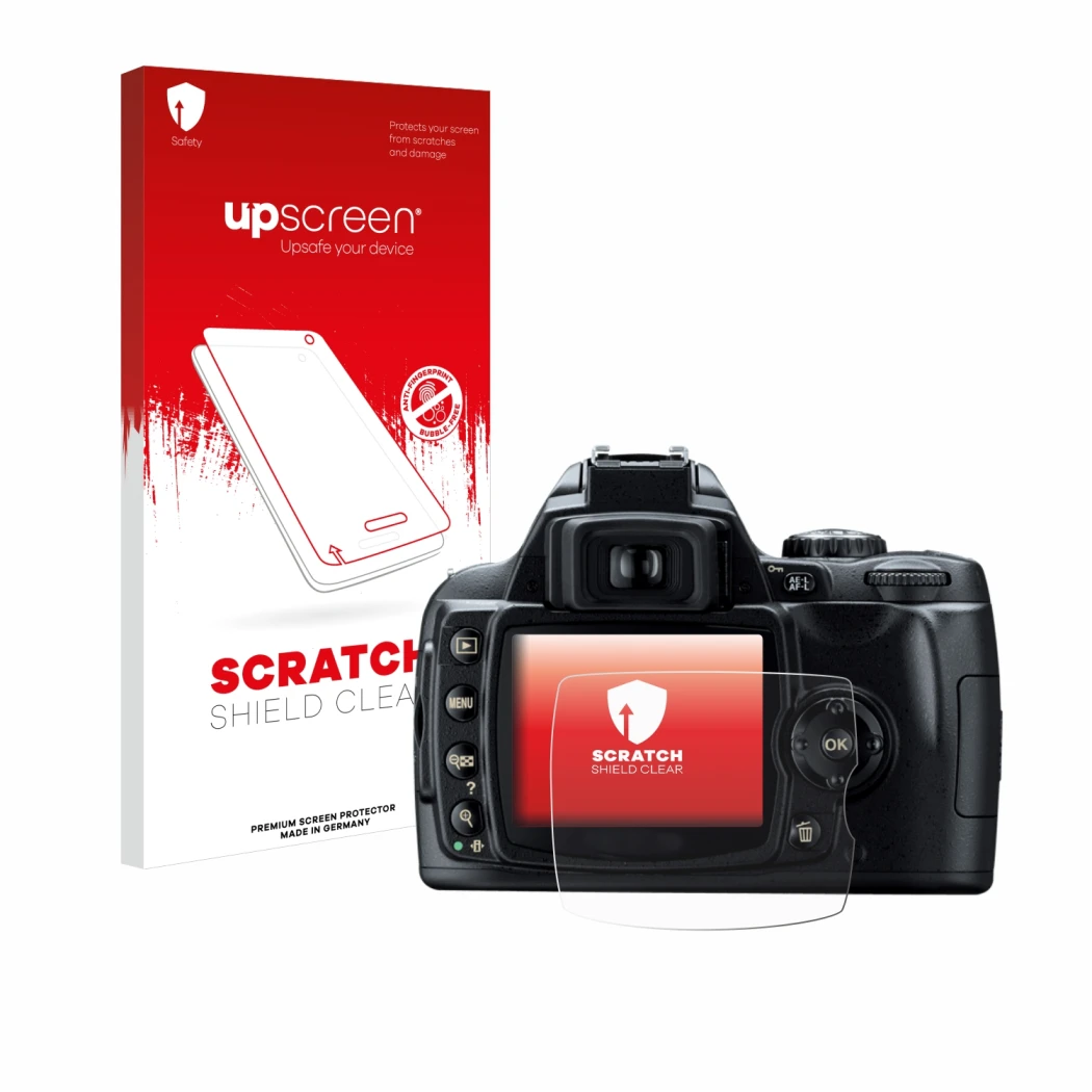 Vorderseite einer Produktverpackung mit dem Markenlogo upscreen. Daneben ist das Gerät Nikon D40 mit dem zugehörigen Displaysc