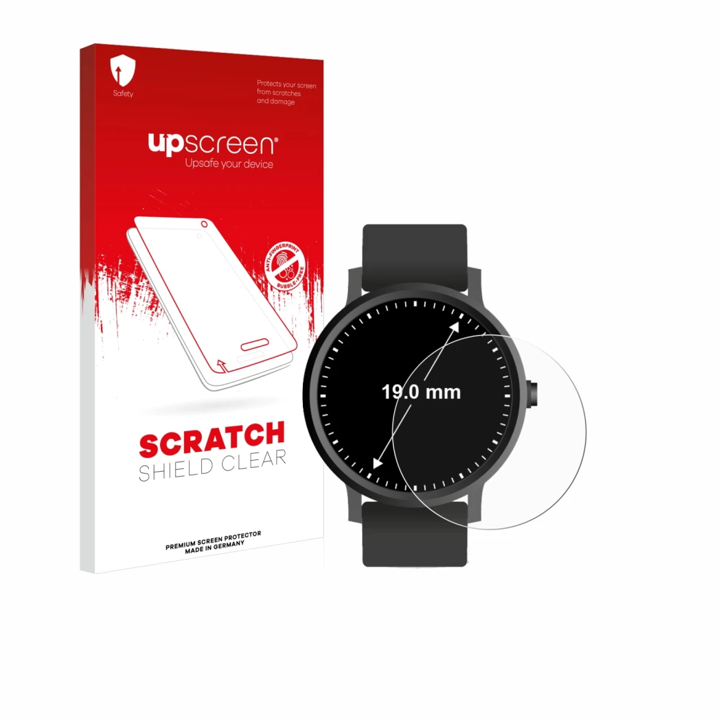 Vorderseite einer Produktverpackung mit dem Markenlogo upscreen. Daneben ist das Gerät Armbanduhren (Kreisrund, ø: 19 mm) mit