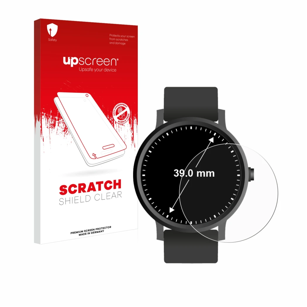 Vorderseite einer Produktverpackung mit dem Markenlogo upscreen. Daneben ist das Gerät Armbanduhren (Kreisrund, ø: 39 mm) mit 