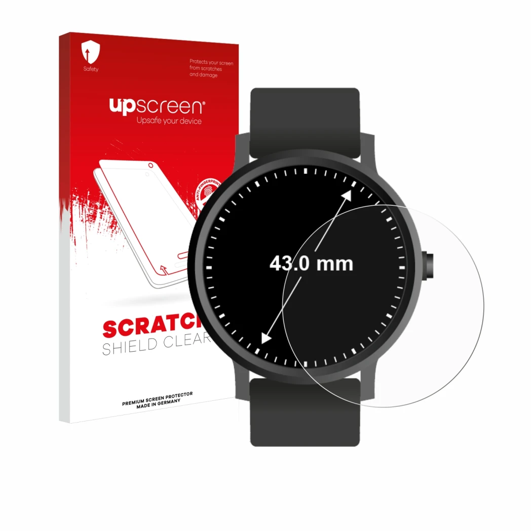 Vorderseite einer Produktverpackung mit dem Markenlogo upscreen. Daneben ist das Gerät Armbanduhren (Kreisrund, ø: 43 mm) mit 