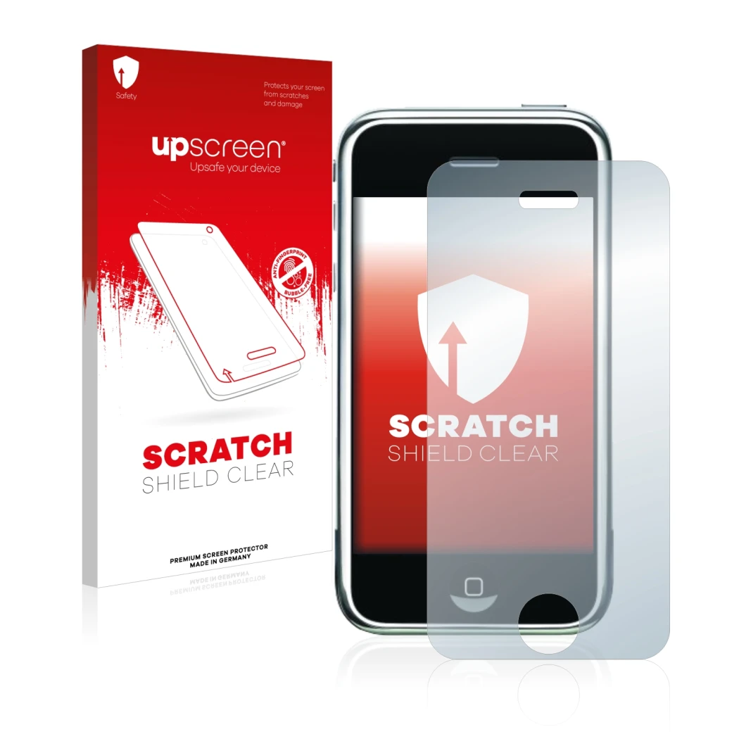 Vorderseite einer Produktverpackung mit dem Markenlogo upscreen. Daneben ist das Gerät Apple iPhone 2G mit dem zugehörigen Dis