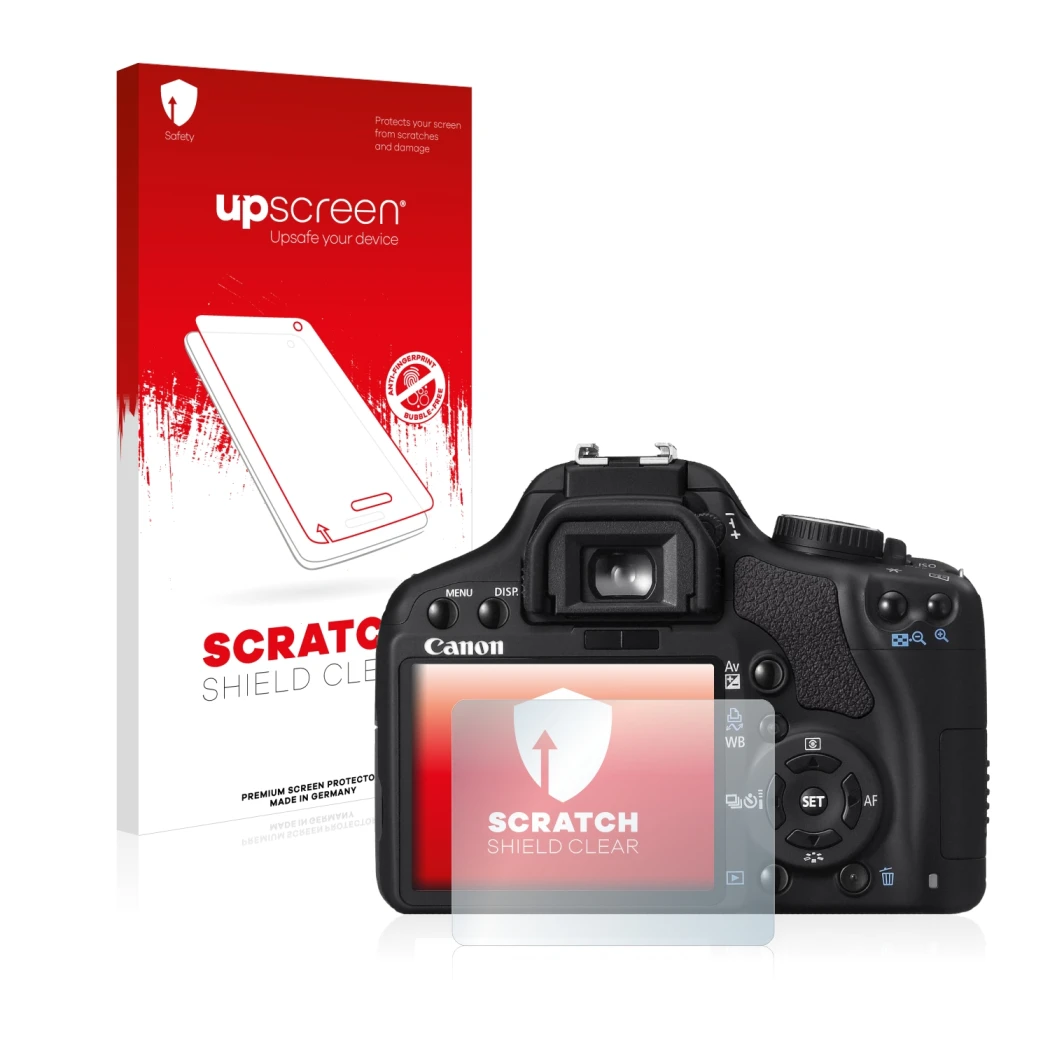 Vorderseite einer Produktverpackung mit dem Markenlogo upscreen. Daneben ist das Gerät Canon EOS 450D mit dem zugehörigen Disp