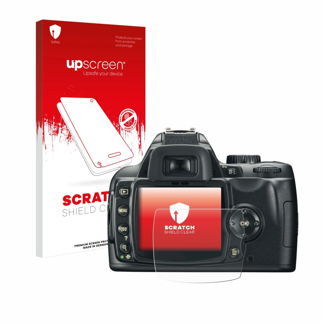 Vorderseite einer Produktverpackung mit dem Markenlogo upscreen. Daneben ist das Gerät Nikon D60 mit dem zugehörigen Displaysc