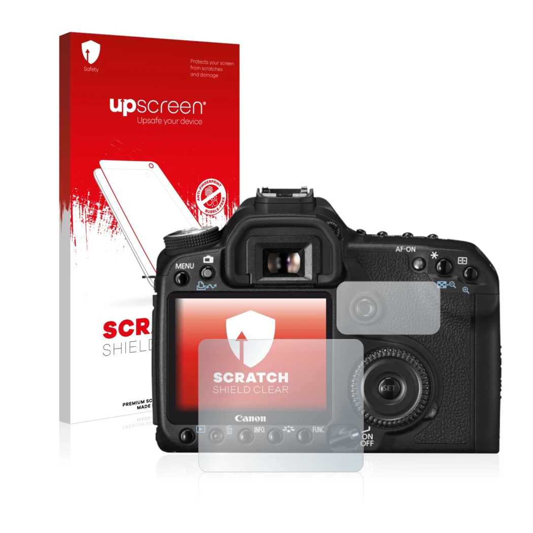 Vorderseite einer Produktverpackung mit dem Markenlogo upscreen. Daneben ist das Gerät Canon EOS 50D mit dem zugehörigen Displ