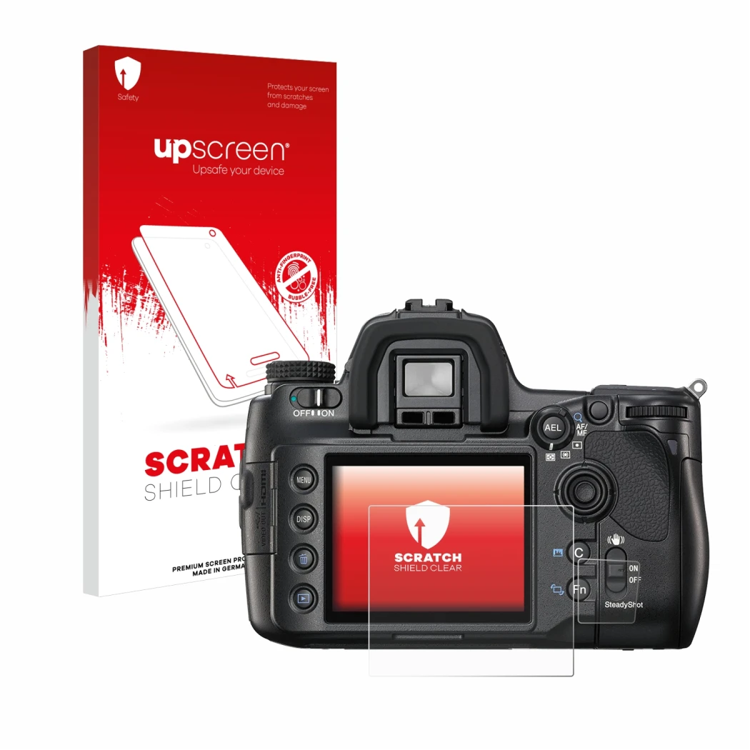 Vorderseite einer Produktverpackung mit dem Markenlogo upscreen. Daneben ist das Gerät Sony Alpha 900 (DSLR-A900) mit dem zuge