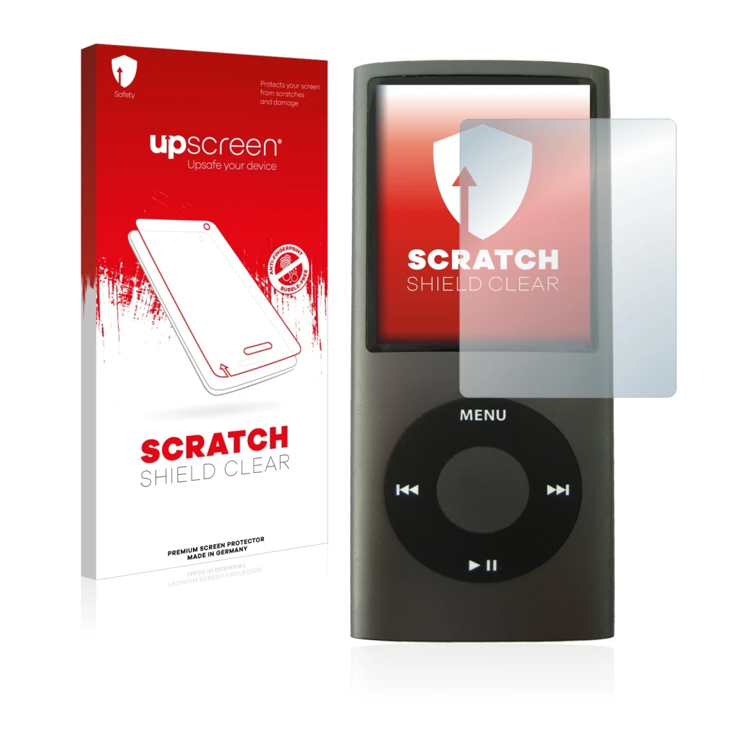 Vorderseite einer Produktverpackung mit dem Markenlogo upscreen. Daneben ist das Gerät Apple iPod nano (4. Gen.) mit dem zugeh