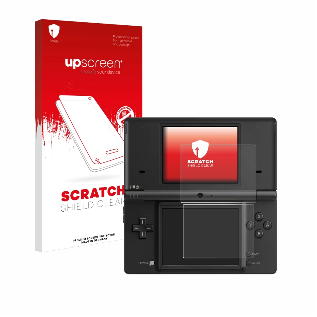Vorderseite einer Produktverpackung mit dem Markenlogo upscreen. Daneben ist das Gerät Nintendo DSi mit dem zugehörigen Displa