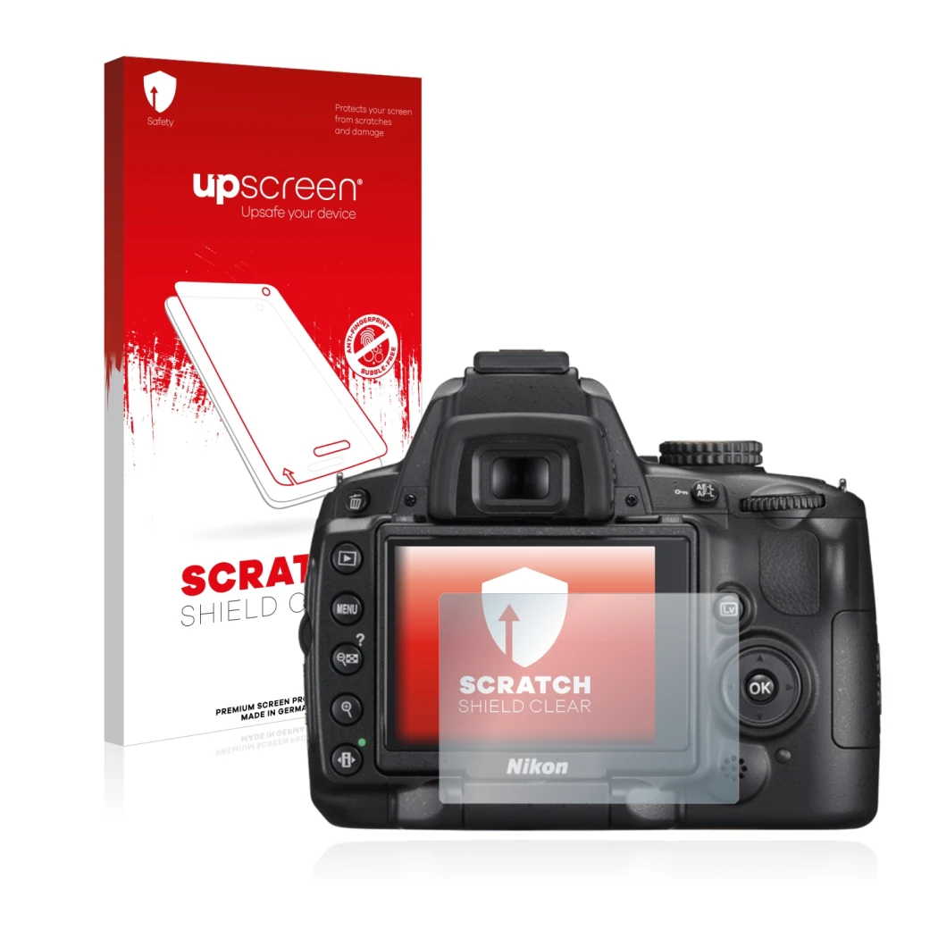 Vorderseite einer Produktverpackung mit dem Markenlogo upscreen. Daneben ist das Gerät Nikon D5000 mit dem zugehörigen Display