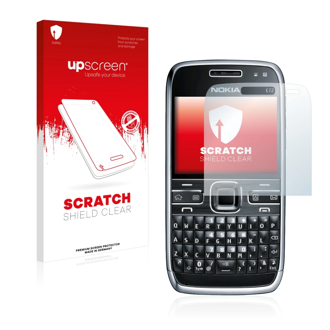 Vorderseite einer Produktverpackung mit dem Markenlogo upscreen. Daneben ist das Gerät Nokia E72 mit dem zugehörigen Displaysc