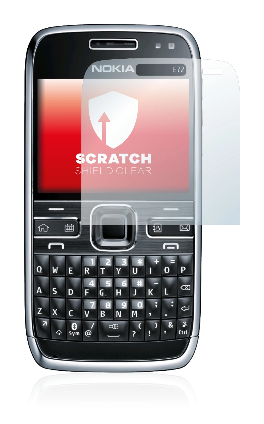 Abbildung des Geräts Nokia E72 mit einer Vielzahl des Displayschutzes.