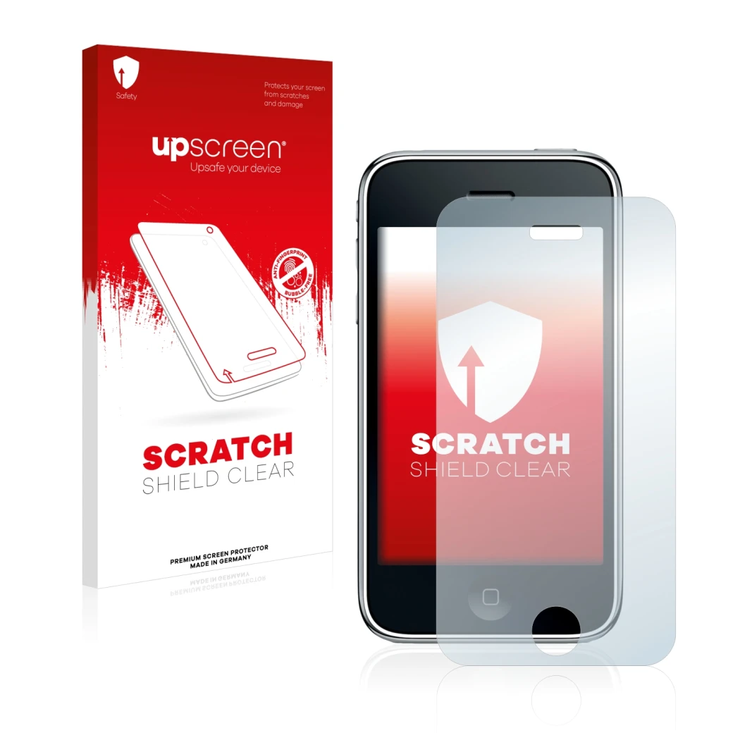 Vorderseite einer Produktverpackung mit dem Markenlogo upscreen. Daneben ist das Gerät Apple iPhone 3GS mit dem zugehörigen Di