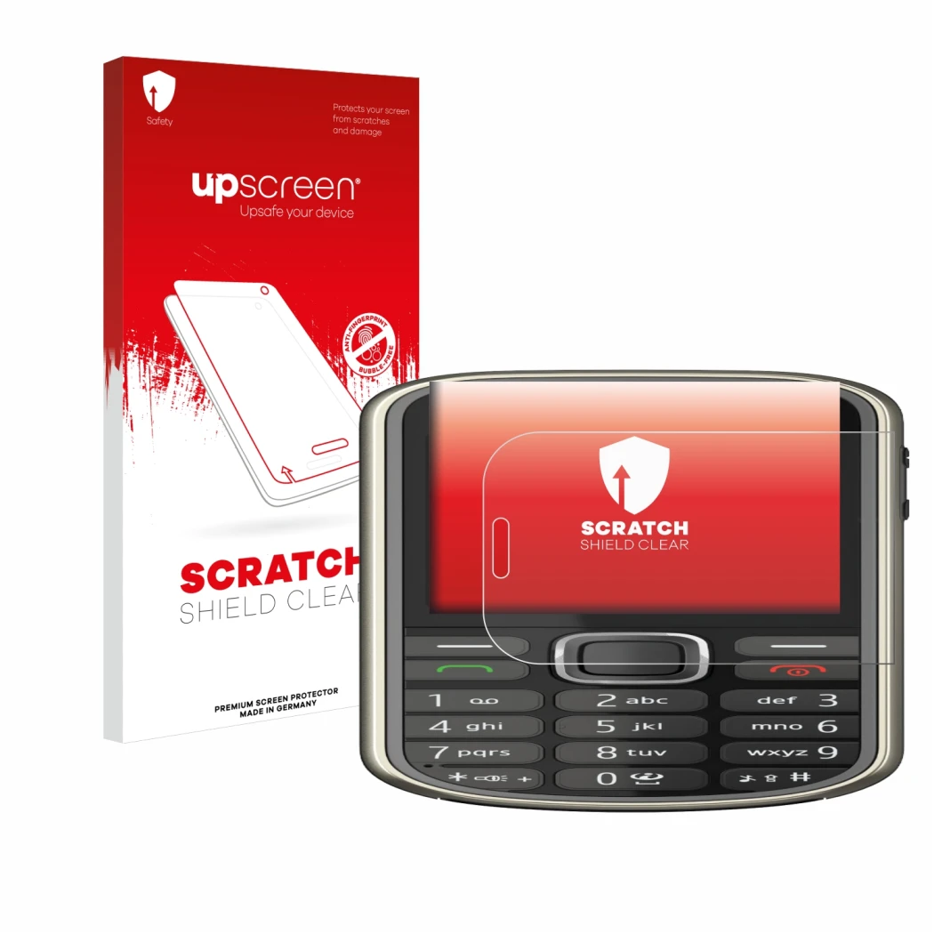 Vorderseite einer Produktverpackung mit dem Markenlogo upscreen. Daneben ist das Gerät Nokia 3720 classic mit dem zugehörigen
