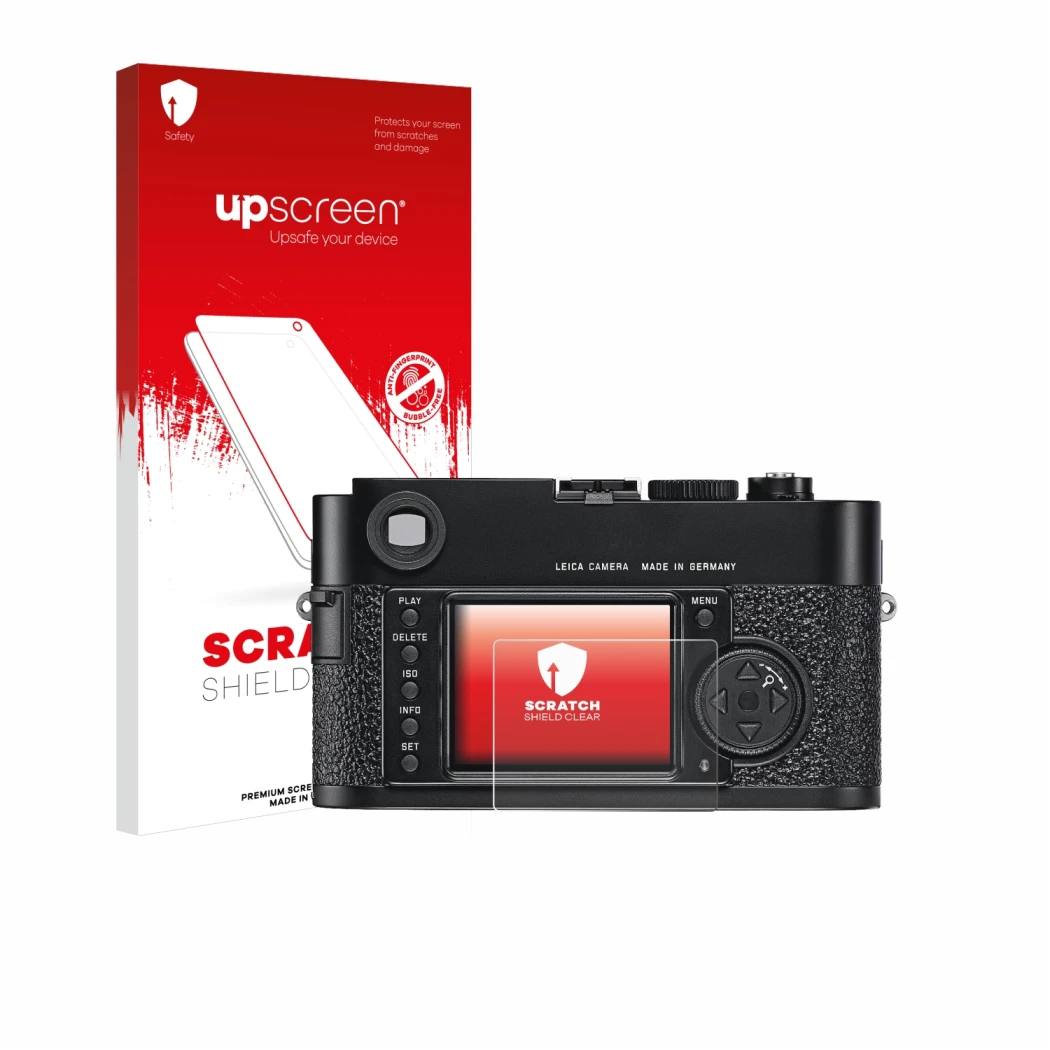Vorderseite einer Produktverpackung mit dem Markenlogo upscreen. Daneben ist das Gerät Leica M9 mit dem zugehörigen Displaysch