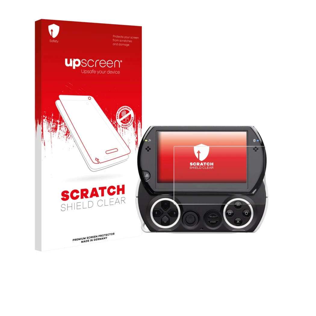 Vorderseite einer Produktverpackung mit dem Markenlogo upscreen. Daneben ist das Gerät Sony PSP Go mit dem zugehörigen Display